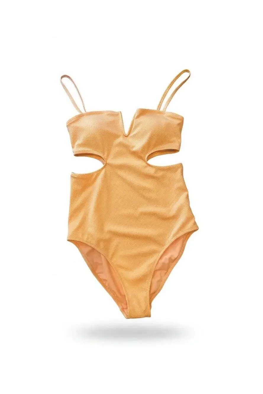 Aerie Shine Pique V-Wire Cut-Out One Piece Swimsuit Peach Orange Textured M NWT